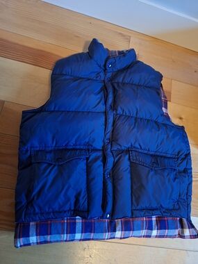 Navy Quilted Puffer Vest with Plaid Trim